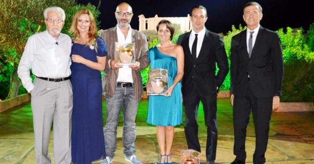 Premio "La Giara" - i tre vincitori con Pino Caruso, Debora Caprioglio e Michele Cucuzza - Agrigento, Luglio 2013